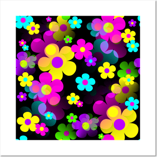 60's Retro Mod Small Flowers Multi on Black Posters and Art